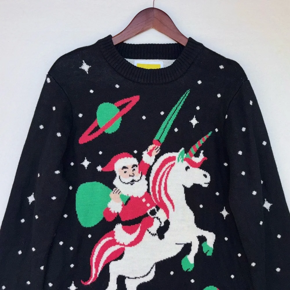 TIPSY ELVES‎ Ugly Christmas Sweater Santa Unicorn Black Long Sleeve Crew Neck XL